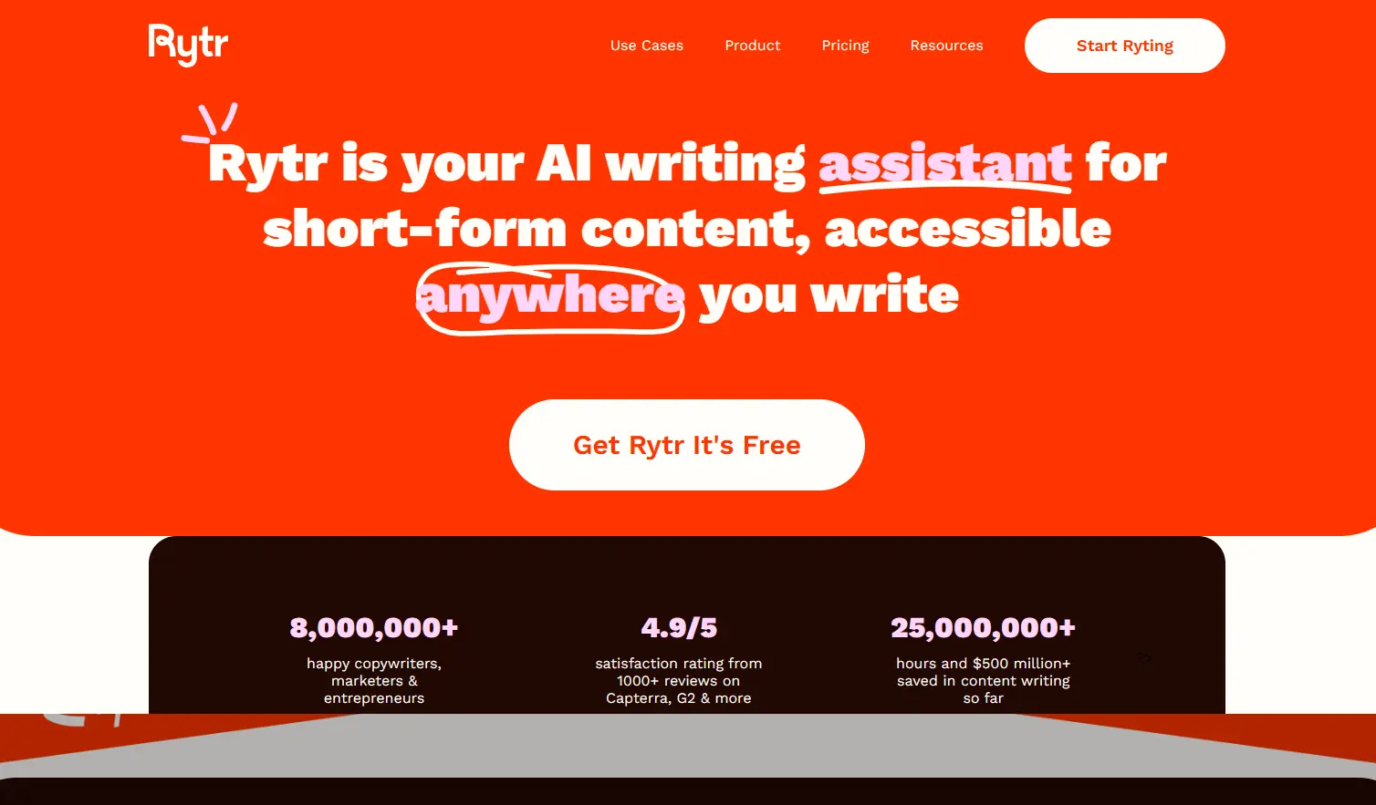  Rytr’s website screenshot highlighting budget-friendly  tools for bulk content generation.