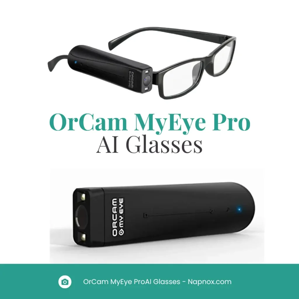 OrCam MyEye Pro assistive AI device for the visually impaired, featuring a discreet clip-on camera with real-time text reading, facial recognition, and voice-guided interaction.