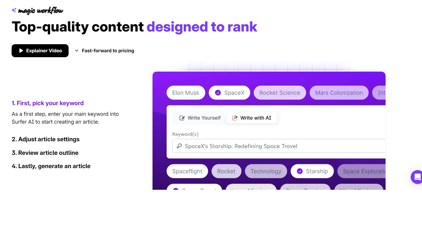 Surfer AI landing page screenshot displaying AI content  for SEO-optimized blog writing and content planning.