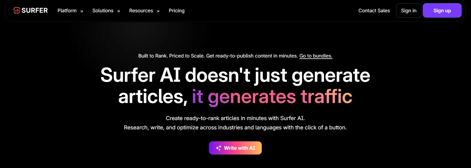 Surfer AI landing page screenshot displaying AI content for SEO-optimized blog writing and content planning.
