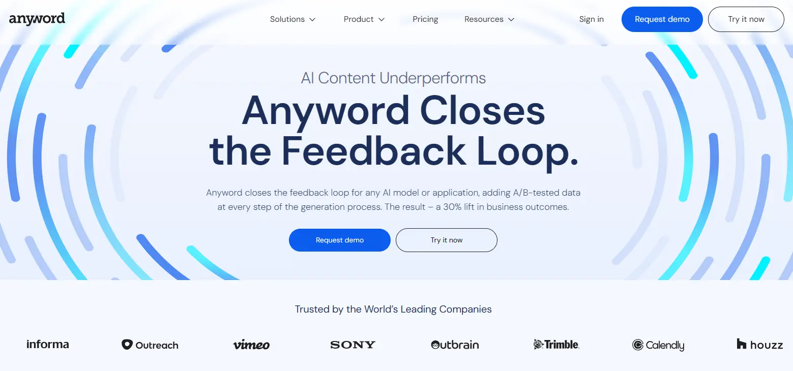Anyword homepage screenshot featuring for predictive copywriting and conversion optimization.