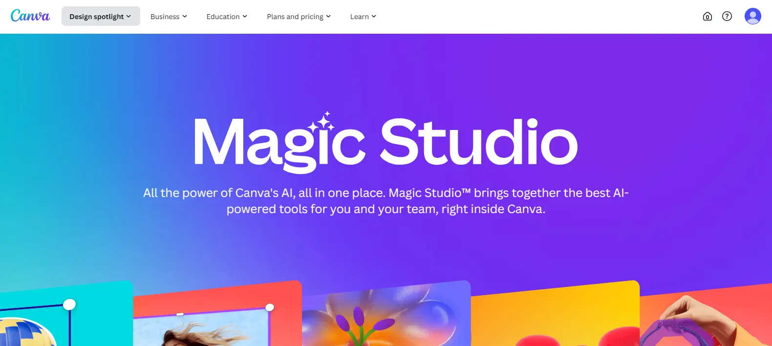 Canva Magic Studio homepage screenshot highlighting AI content creation tools for visual design and automated caption writing.