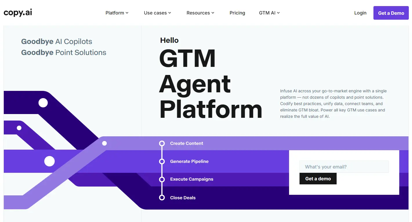 Copy.ai homepage screenshot showcasing for email templates, outreach, and localization.