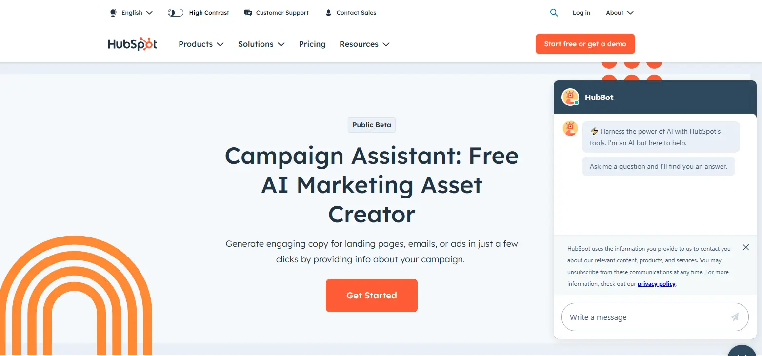 HubSpot Campaign Assistant interface showing integrated AI content creation tools for email sequences and marketing automation.