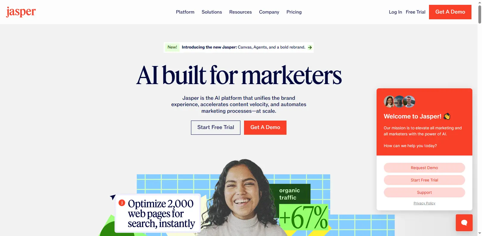 Jasper AI landing page screenshot displayingfor email marketing and brand-consistent campaigns.