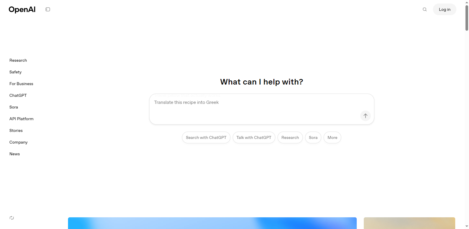 ChatGPT landing page screenshot showing versatile AI content creation tools for multilingual writing and creative ideation.