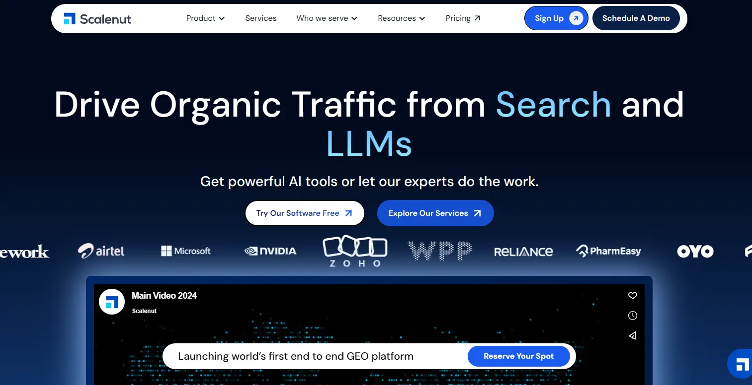 Scalenut landing page screenshot highlighting AI content tools for SEO research, optimization, and high-ranking content writing.