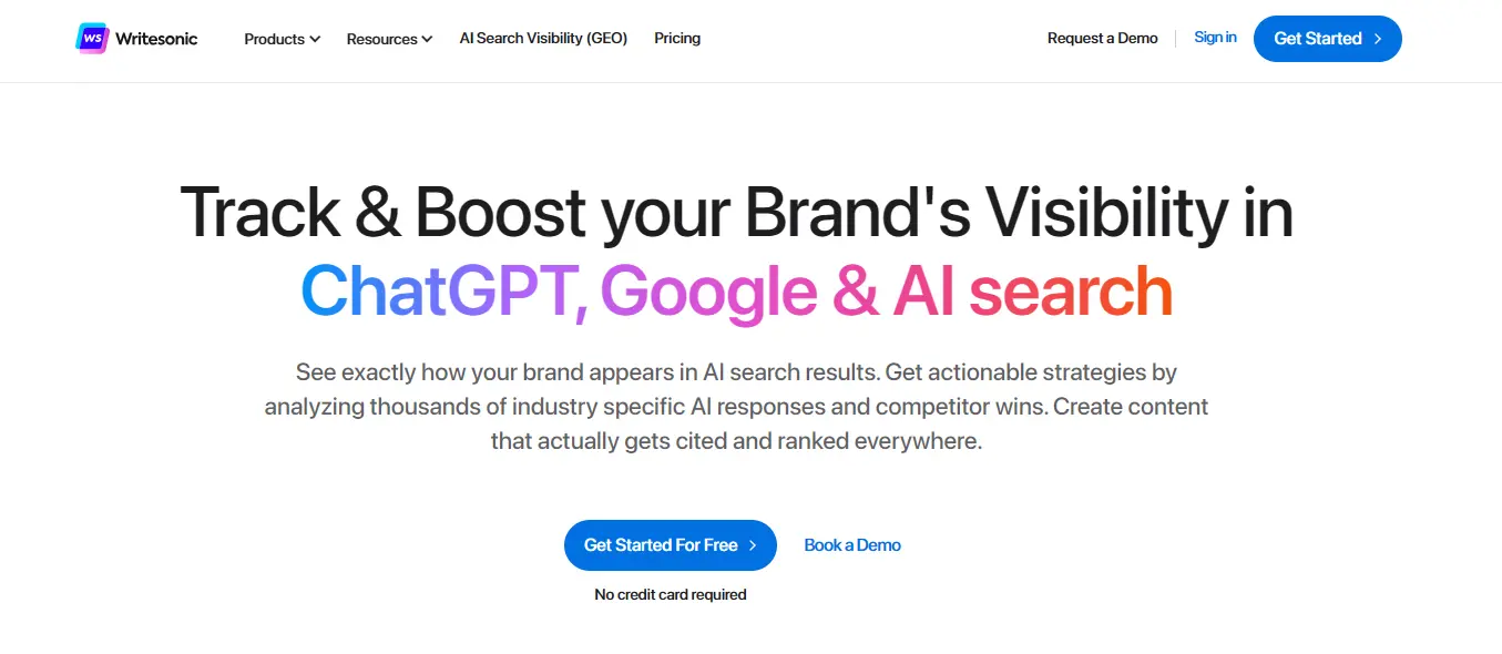 Writesonic's landing page showcasing AI content creation tools for e-commerce product descriptions and bulk writing.