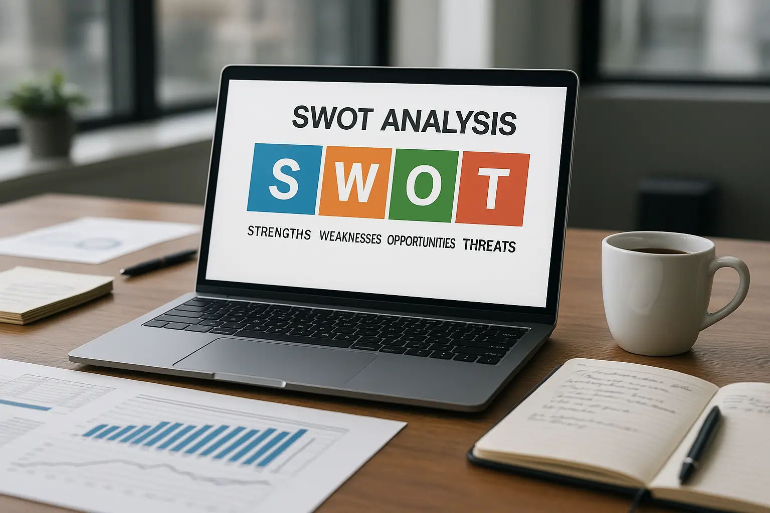 A modern business workspace featuring a laptop displaying a SWOT analysis chart, with business notes, financial reports, pens, and a coffee mug neatly arranged on the desk. A professional scene highlighting ChatGPT Prompts for Answering Assignments in business contexts.