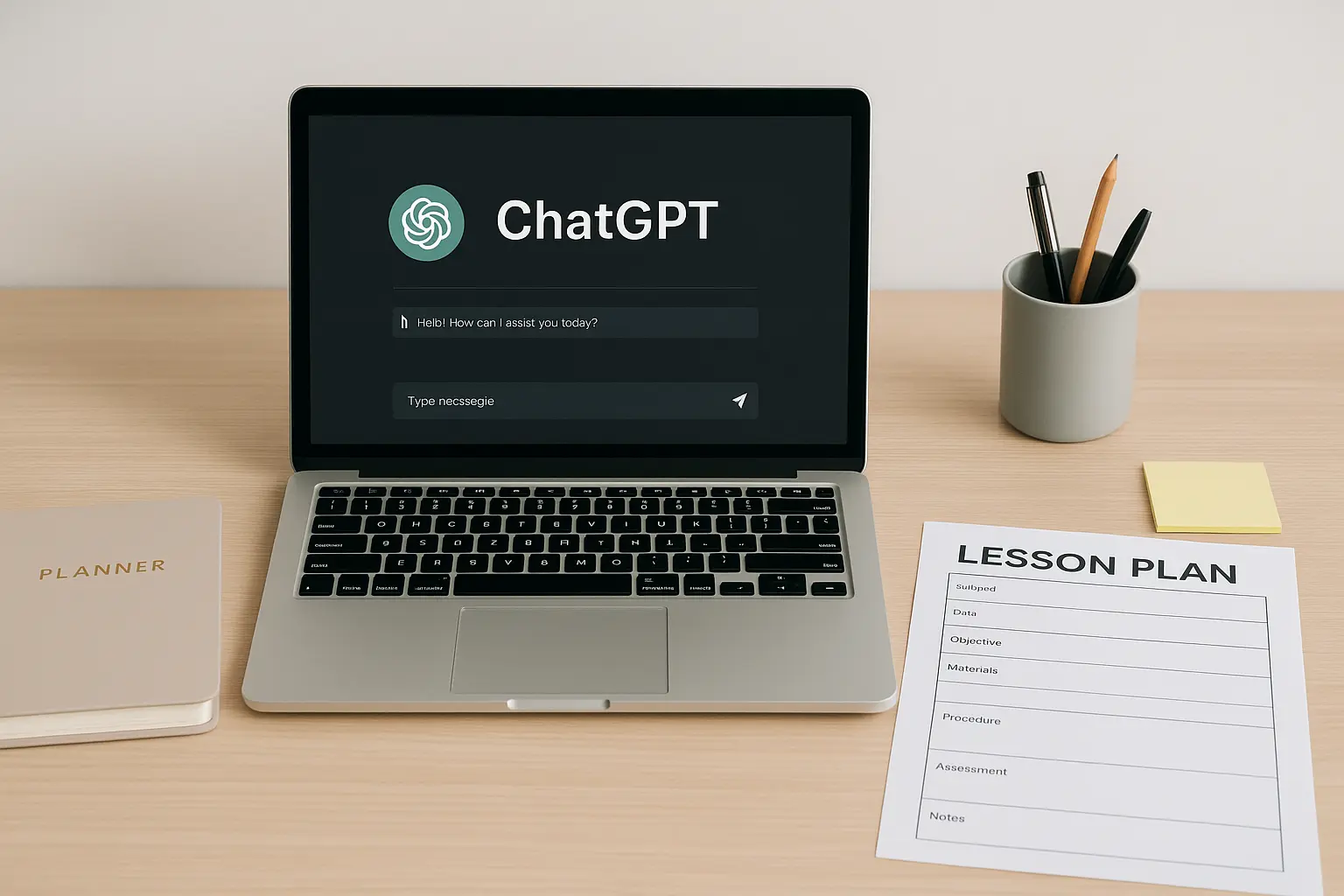 A minimalistic teacher’s desk with a laptop showing the ChatGPT interface, a structured lesson plan template, sticky notes, and stationery organized neatly. A realistic setting that represents ChatGPT Prompts for Answering Assignments in education and planning.