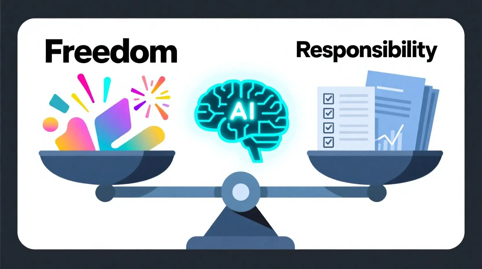 Scale balancing “Freedom” and “Responsibility” with an AI brain in the middle, symbolizing safe use of Unfiltered GPT.