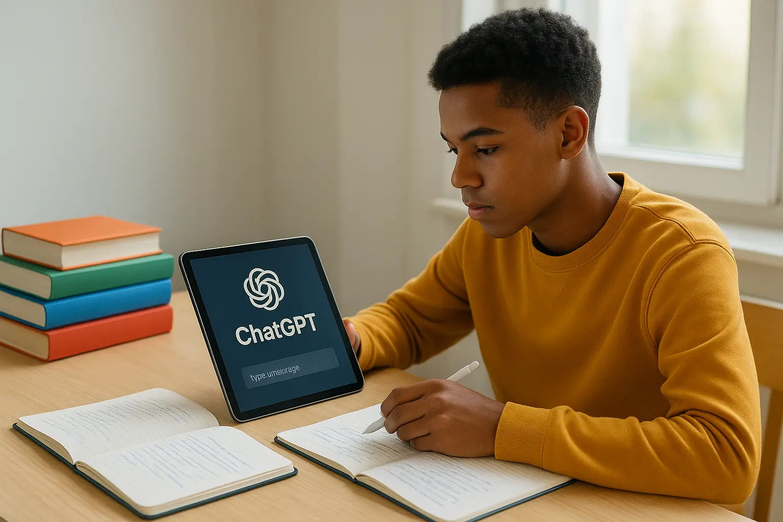 A focused student studying at a wooden desk with ChatGPT open on a tablet, surrounded by colorful textbooks, notebooks, and handwritten notes in a bright study environment. An educational stock photo illustrating ChatGPT Prompts for Answering Assignments.