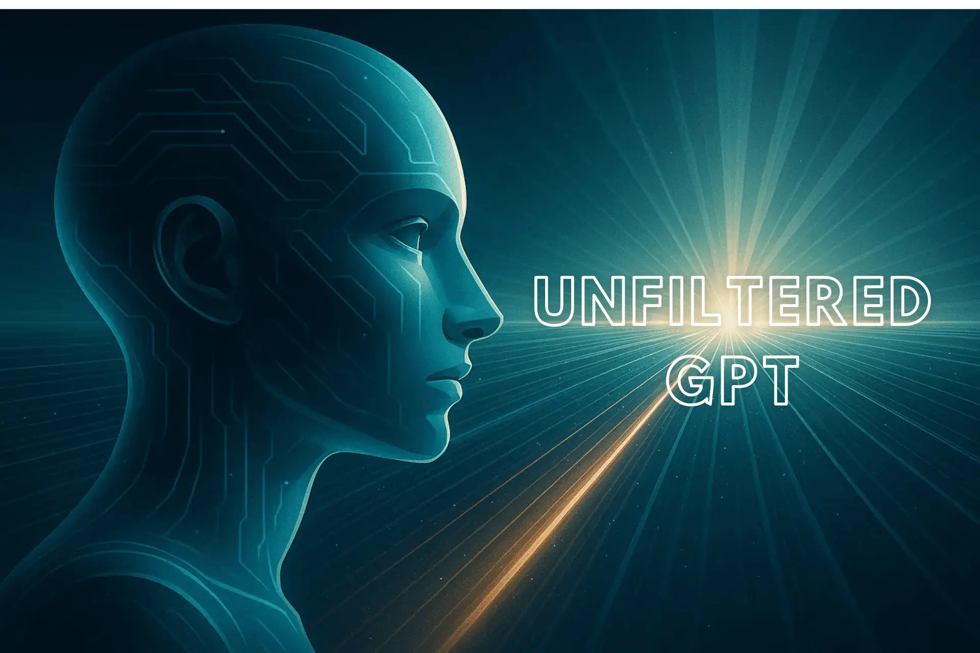 Abstract AI face looking toward a bright horizon, representing the future possibilities of Unfiltered GPT.