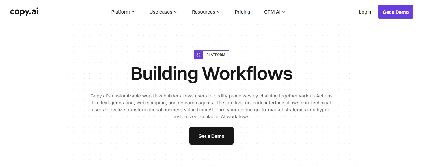Copy.ai Workflows 2.0 visual content pipeline interface
