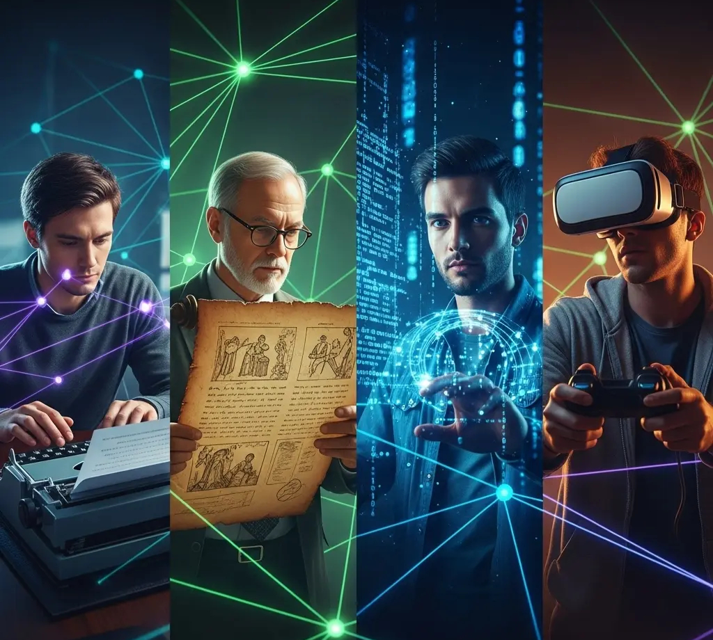 Collage of novelist, historian, developer, and gamer illustrating the diverse uses of Unfiltered GPT and other AI tools.