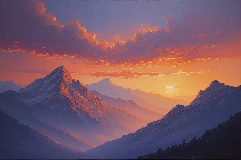 "A peaceful mountain landscape at sunset, painted in a realistic style with glowing orange and purple hues filling the sky, highlighting the natural beauty of the scene."