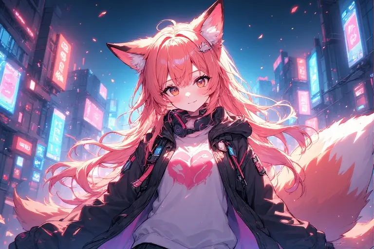 "Cute anime fox girl exploring a cyberpunk city, high detail, neon lights glowing."