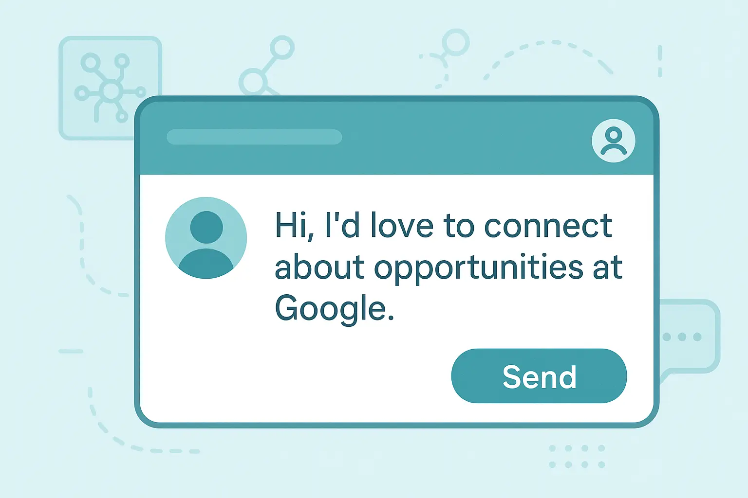 Flat vector illustration of a LinkedIn-style connection message with teal futuristic design and subtle AI elements