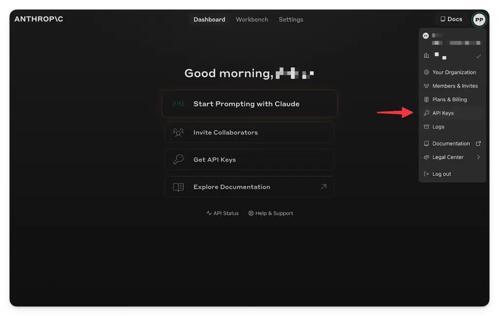 select an claude api key from dashboard 