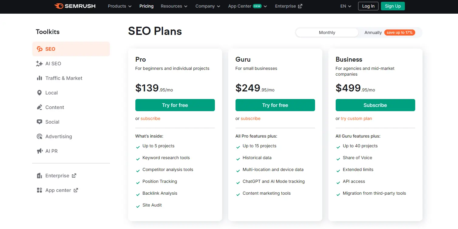 smrush pricing page