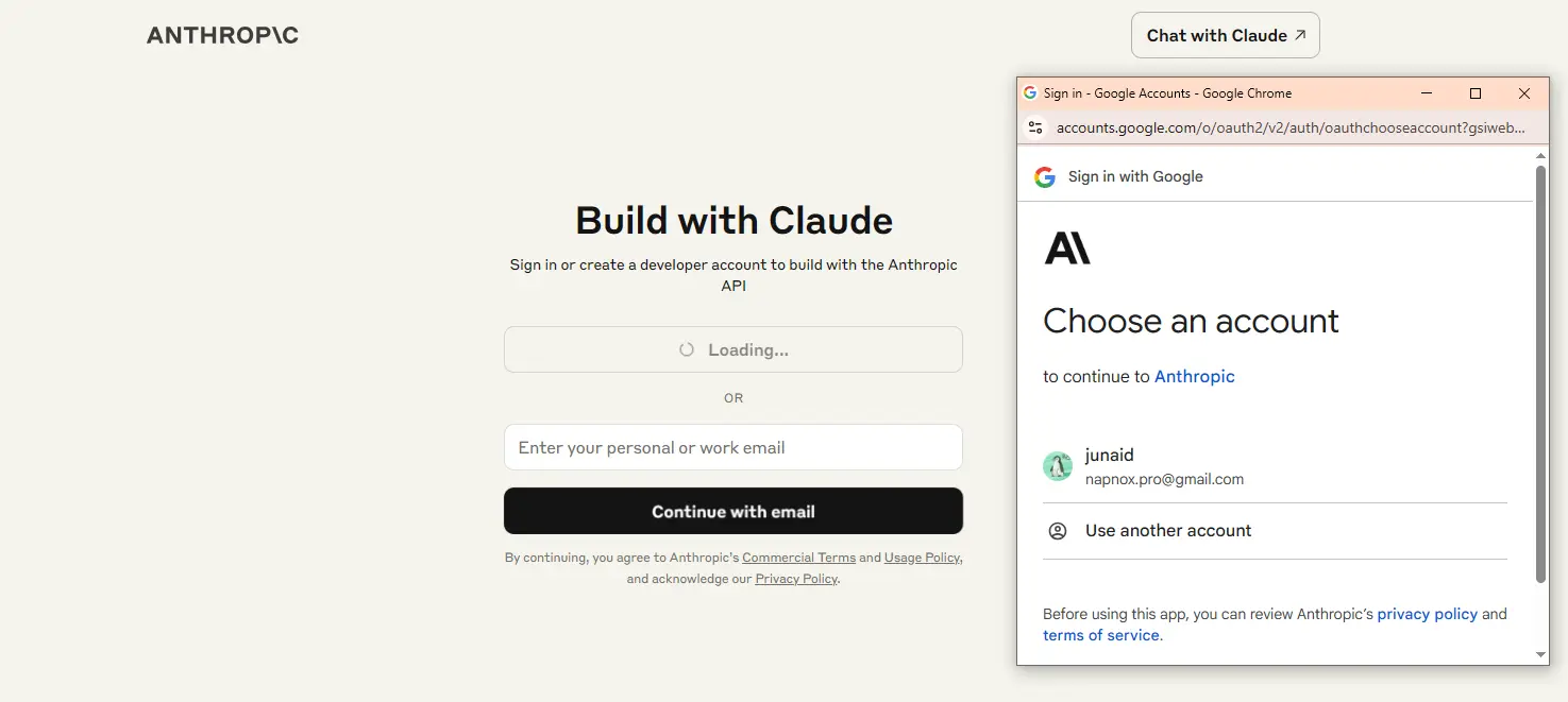 Continue with google to Getting Started with claude api 