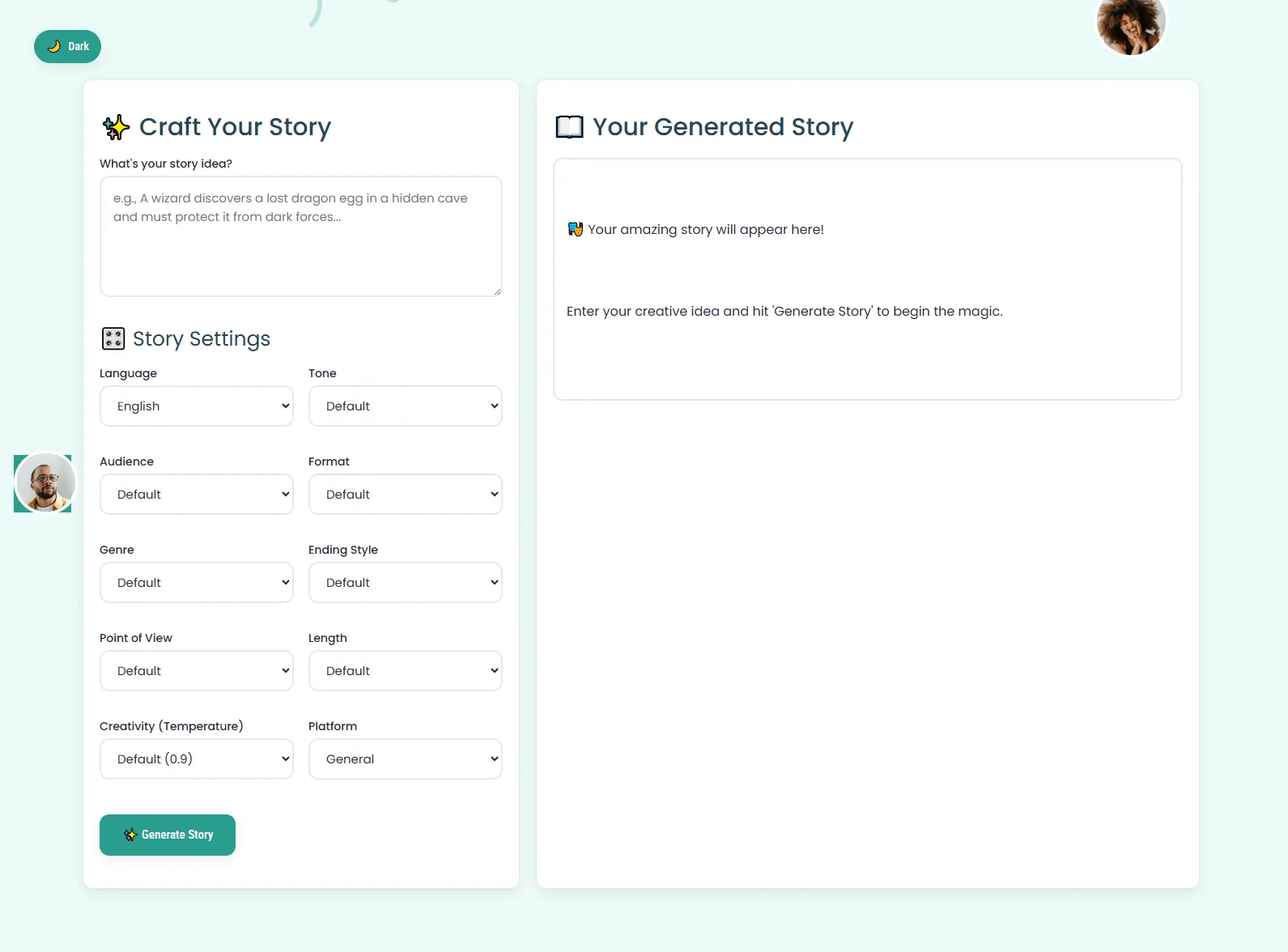 AI story writer no filter - main interface