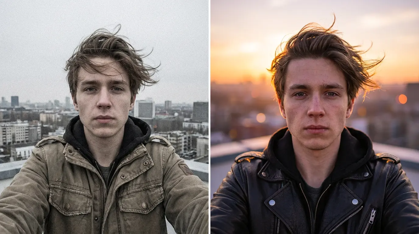 BEFORE / AFTER GRID — Selfie → Cinematic Rooftop