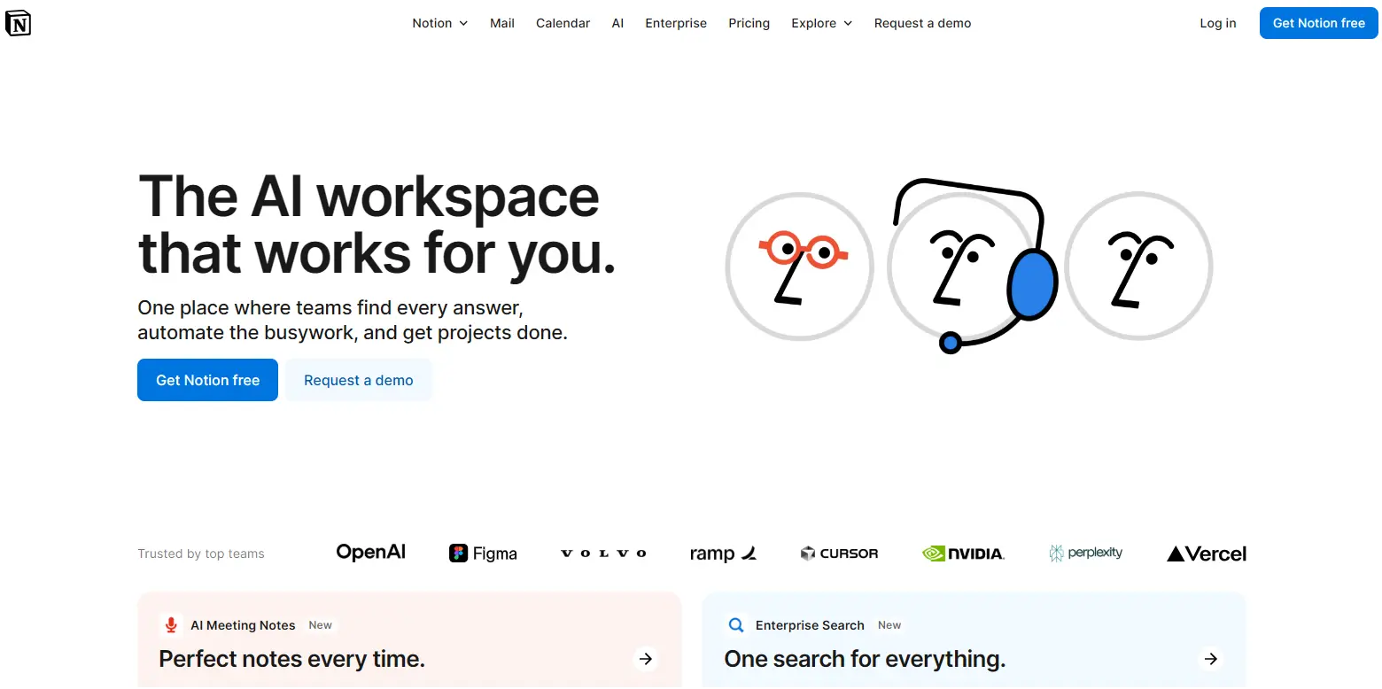Notion AI homepage screenshot showcasing integrated AI content creation tools for internal documentation, notes, and team collaboration.