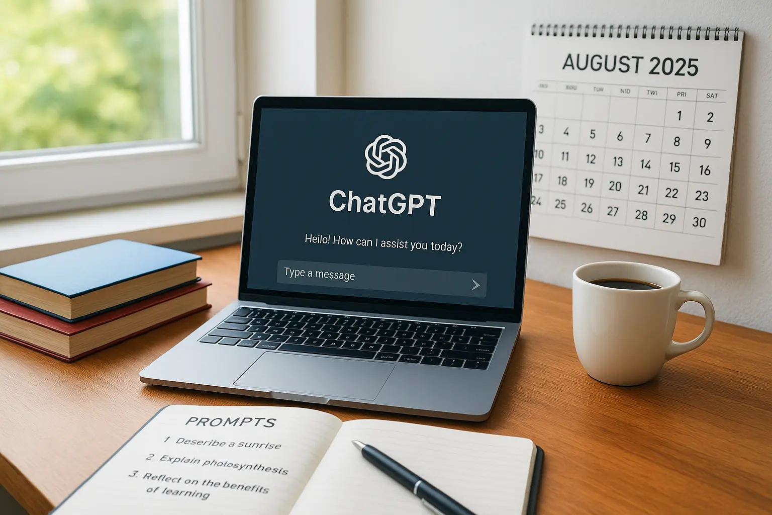 A realistic study desk with a laptop displaying ChatGPT, open notebooks with handwritten notes, and colorful textbooks in a bright, professional workspace. Perfectly representing ChatGPT Prompts for Answering Assignments.