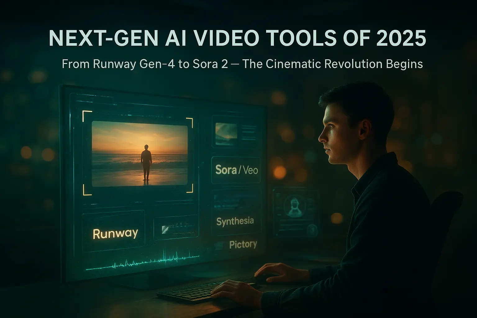A futuristic cinematic workspace featuring an AI filmmaker creating a video on a holographic interface. The glowing screens display labels like Runway, Sora/Veo, Synthesia, and Pictory, with a cinematic beach scene on the main monitor. The environment has teal and gold lighting, a focused creator, and a sleek, high-tech atmosphere symbolizing next-gen AI video tools.