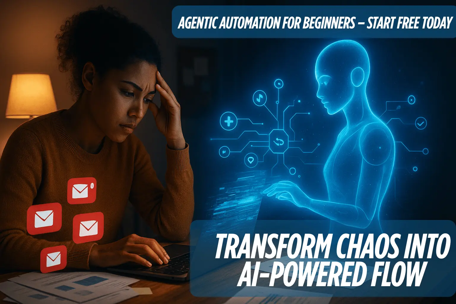 AI agent workflow hero illustration showing automation transformation